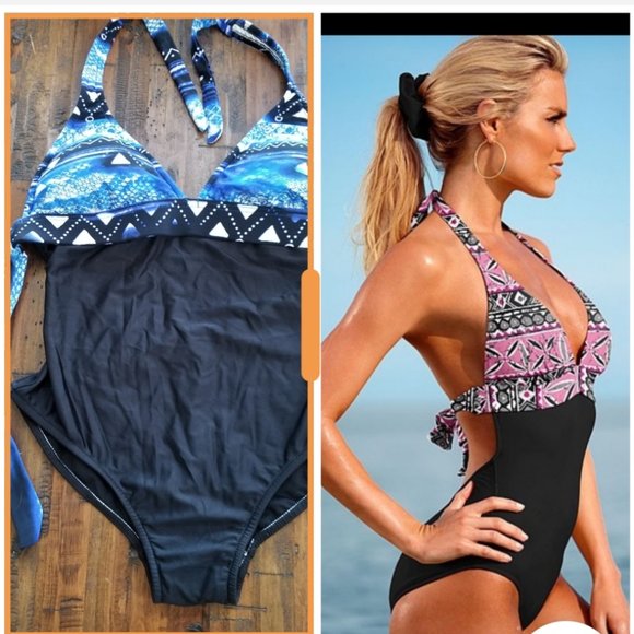 VENUS Tie Back One Piece Black/Geometric Bathing Suit - Picture 1 of 7